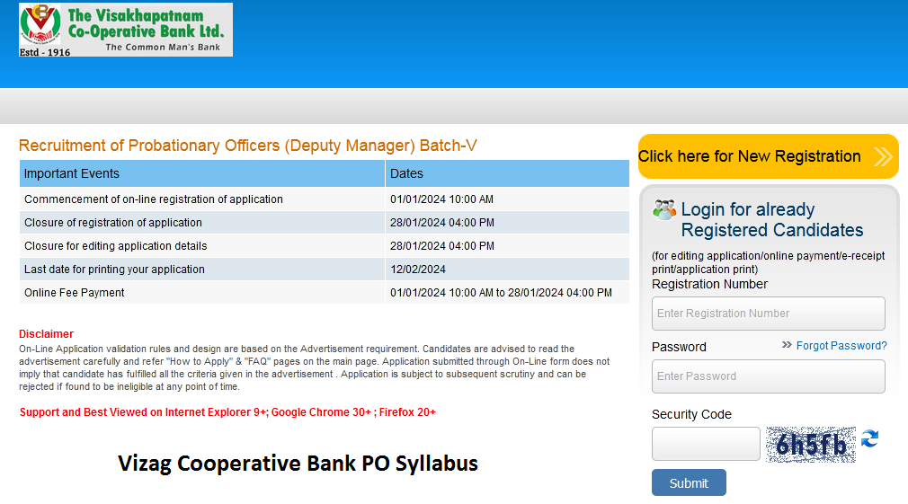 Vizag Cooperative Bank PO Syllabus