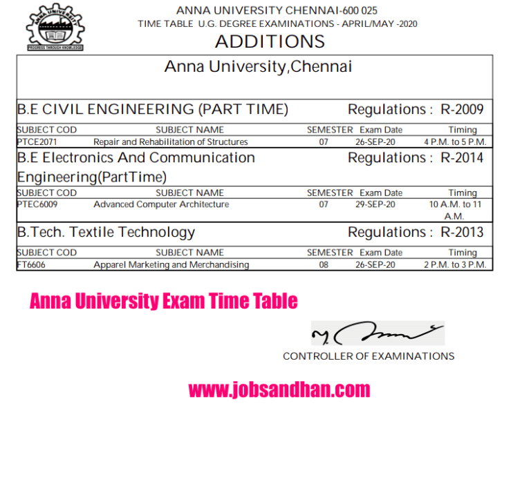 Anna University Time Table 2023 ; (Out) Semester Exam UG / PG ReSchedule