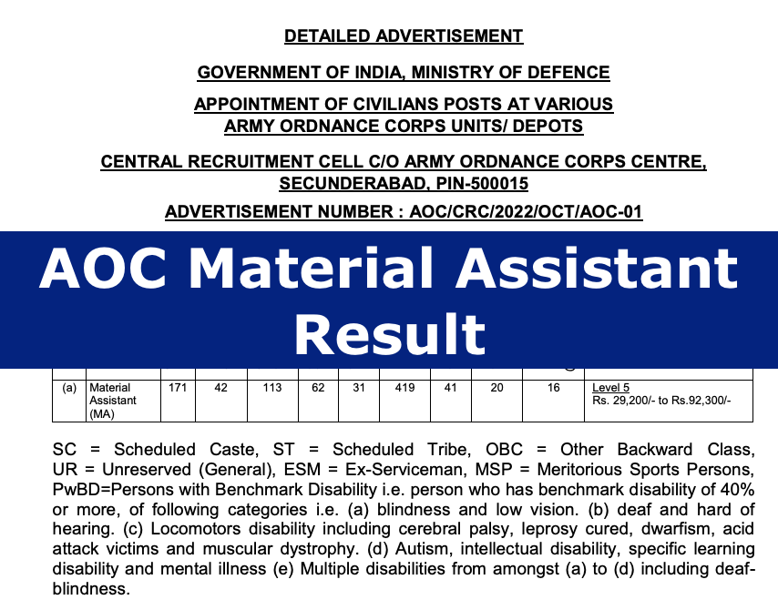 aoc material assistant result 2023 download merit list online, indian army