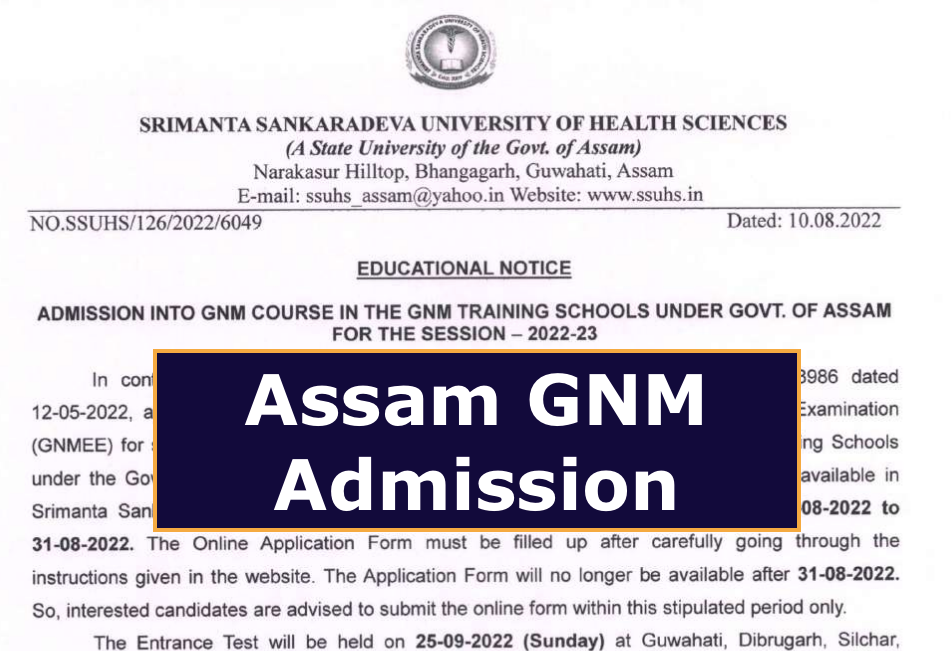 assam gnm nursing admission 2024 application form fill up will begin soon - official notification pdf