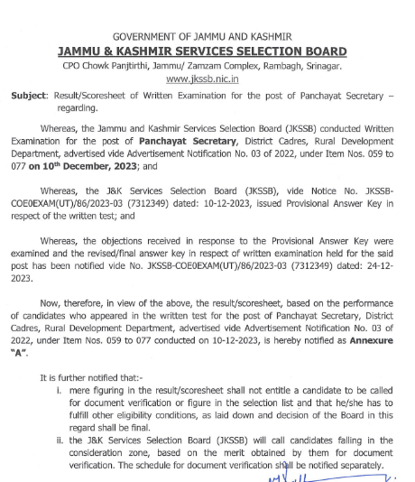 JKSSB VLW Result 2024