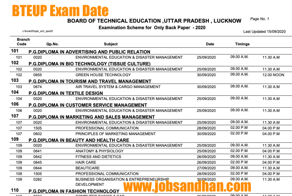 bteup semester exam date sheet 2023 download