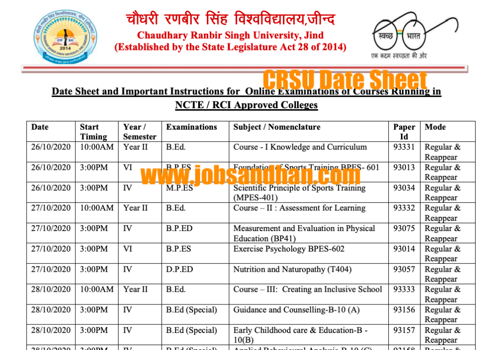 crsu exam date sheet 2023 download online crsu.ac.in