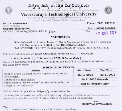 VTU Makeup Exam Results 2024 Rechecking Marksheet UG/PG 1st 3rd 5th