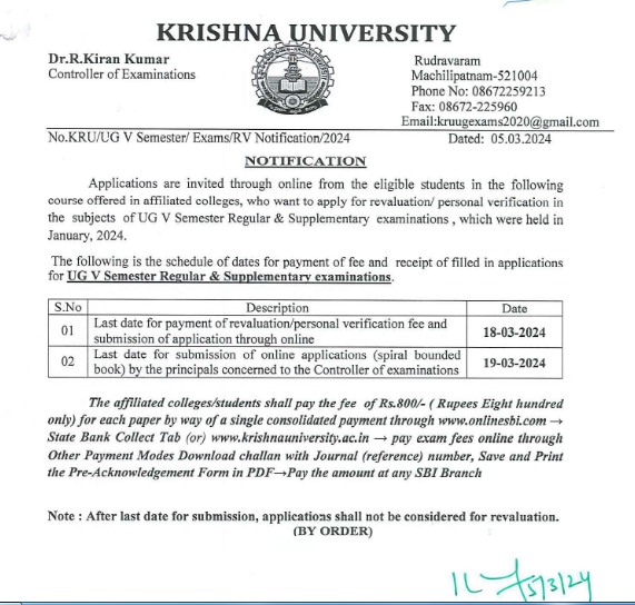 Krishna University Degree 5th Sem Results Download Online