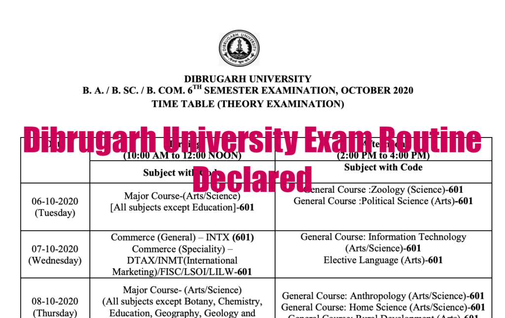 dibrugarh university exam routine 2024 exam date ug major ba, bsc, bcom