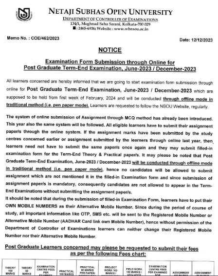 NSOU PG Exam Form Fill-Up Download Online
