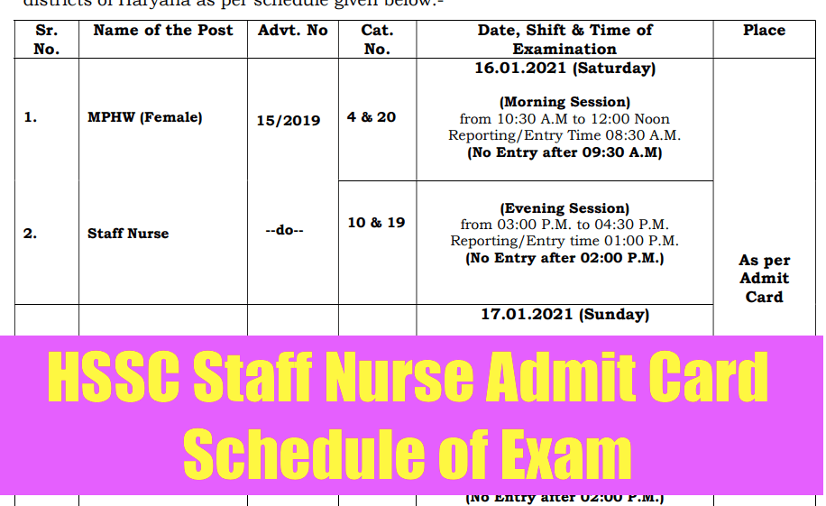 haryana ssc staff nurse exam schedule 2021 declared. admit card download link released on 6th January 2021