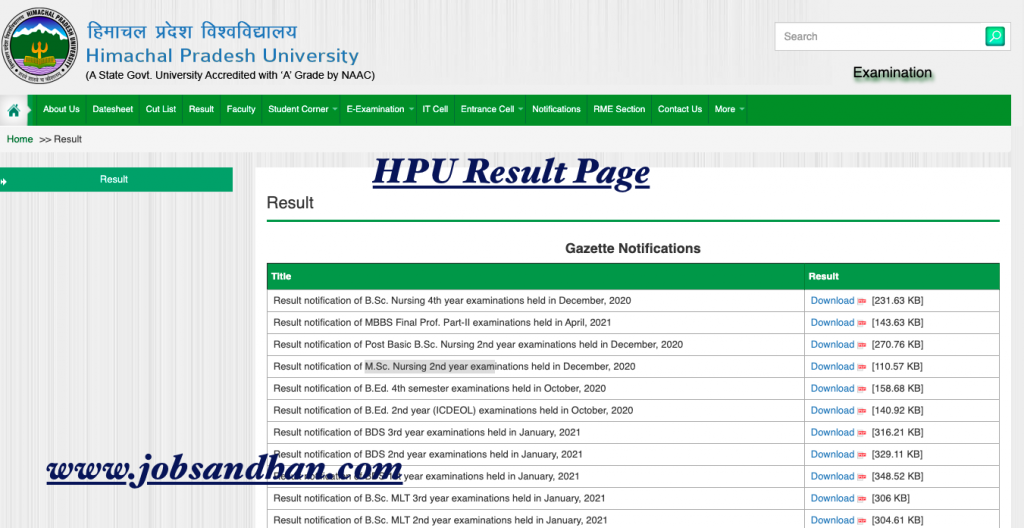hpu shimla result page 2023 - find your subject i.e mbbs, bds, b.sc nursing , pharmacy