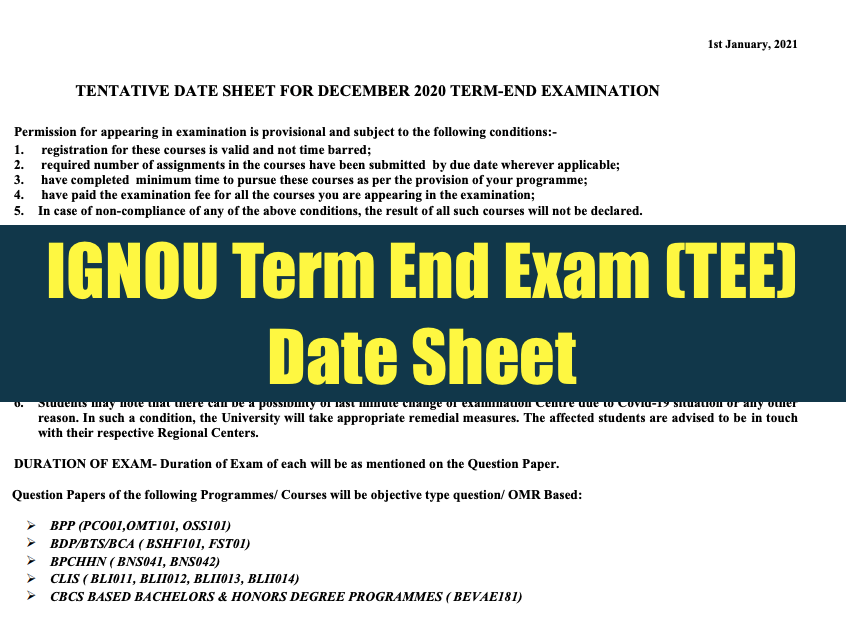 ignou term end exam tee date sheet 2021 download exam date schedule pdf for December 2023 Exam