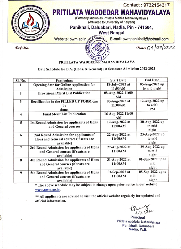 Pritilata Waddedar Mahavidyalaya Merit List 2024 ; Panikhali BA Honours General {Out}