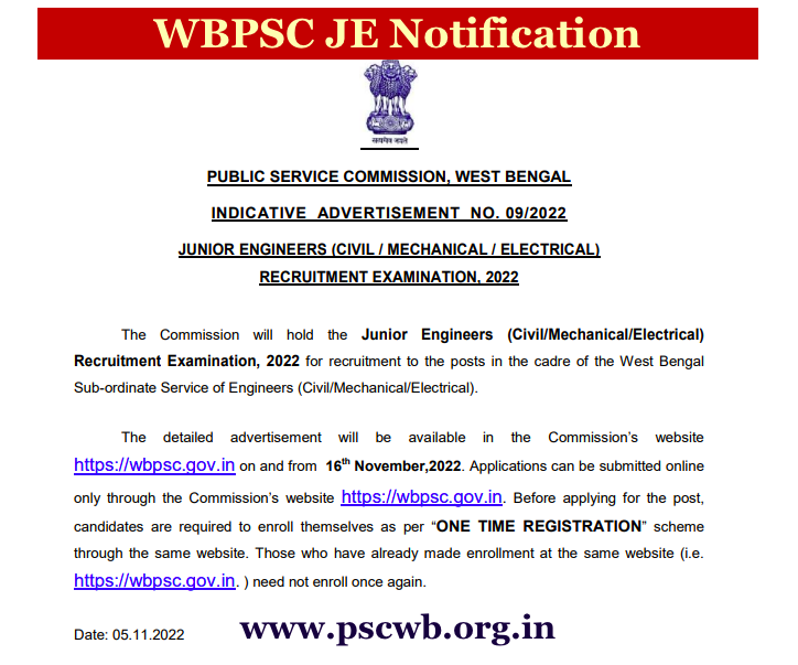 wbpsc junior engineer (JE) Recruitment notification 2022 apply online advertisement form fill up, last date, fee, educational qualification diploma civil electrical mechanical vacancy