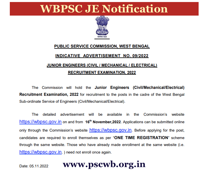 wbpsc junior engineer (JE) Recruitment notification 2023 apply online advertisement form fill up, last date, fee, educational qualification diploma civil electrical mechanical vacancy