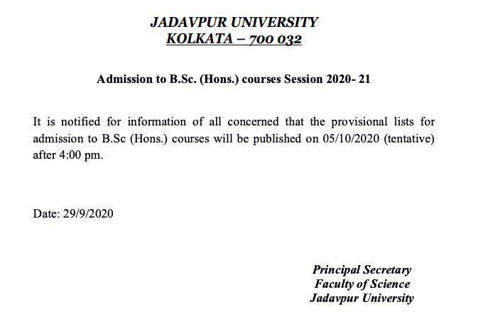 jadavpur university bsc merit list date 2020-21