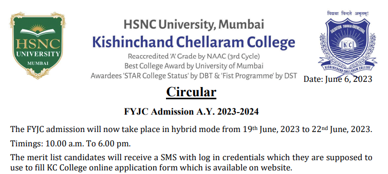 kc college admission 2024-25 fyjc merit list date