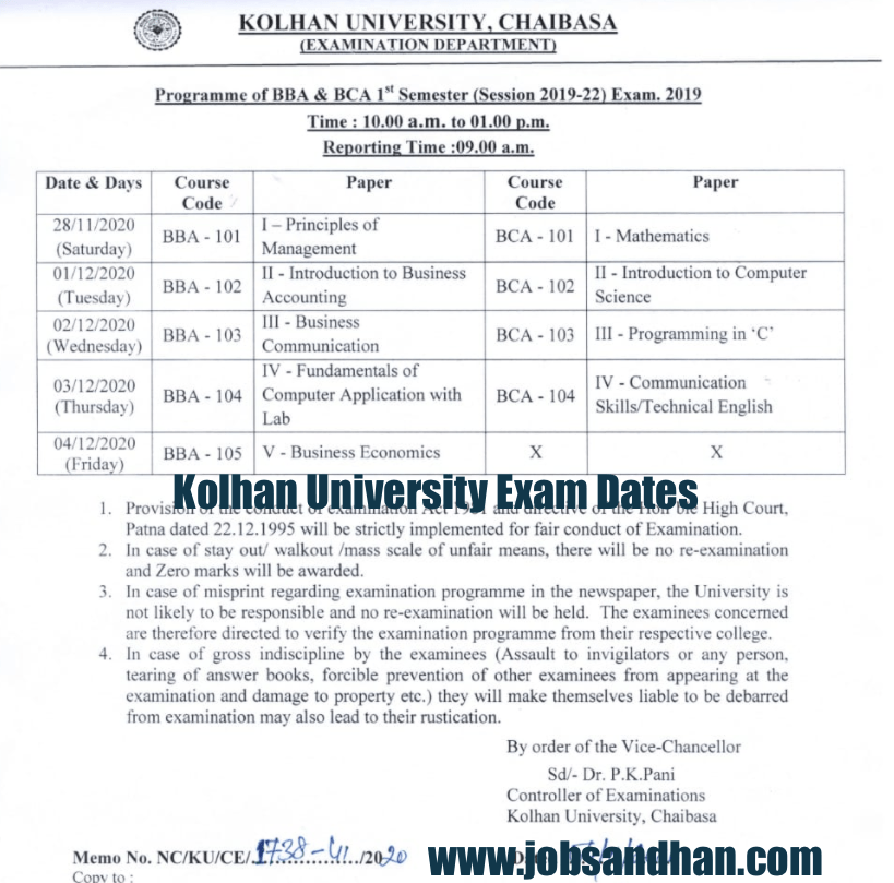 kolhan university exam dates 2024 ug pg semester exams