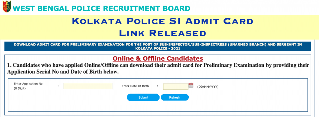 kolkata police si lady si sergeant post prelims admit card 2023 link