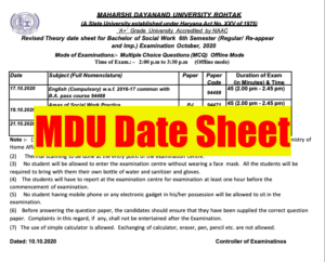 MDU Date Sheet 2024 (Out) Exam Time Table 1st 2nd 3rd Year Semester UG PG