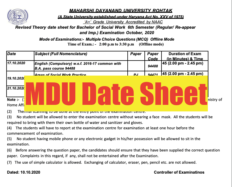 MDU Date Sheet 2024 (Out) Exam Time Table 1st 2nd 3rd Year Semester UG PG