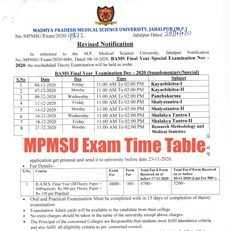 MPMSU Time Table 2024 1st 2nd 3rd Year Nursing BAMS