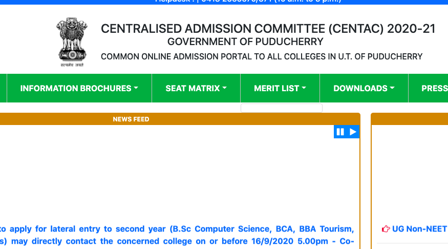 puducherry centac website homepage to download ug pg merit list