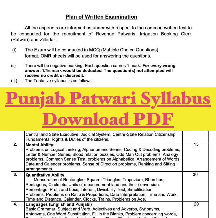 punjab psssb patwari exam syllabus 2024 download pdf