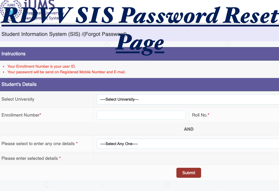 rdvv sis registration password forgot page & ways to reset it