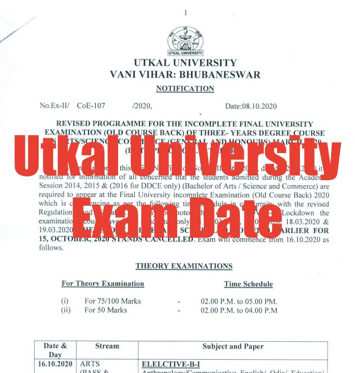 utkal university exam date sheet 2020 download ddceutkal time table