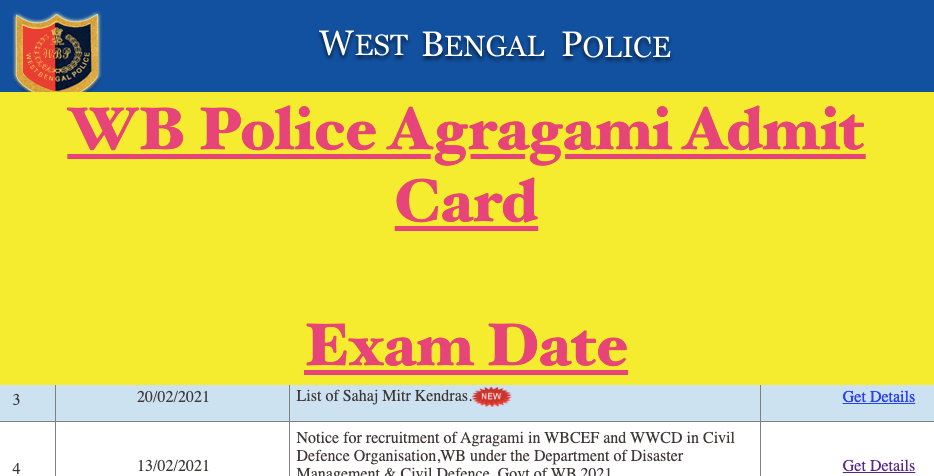 wb police agragami admit card download - exam date @ wbpolice.gov.in