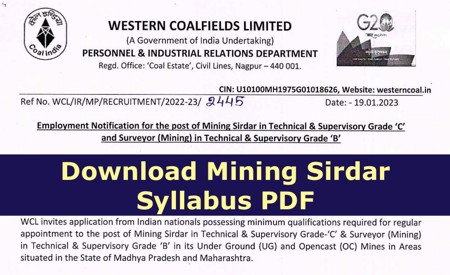 WCL Mining Sirdar Syllabus 2023 